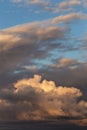 Sunset sky. Big white fluffy storm cumulus clouds in yellow orange sunlight on blue sky background texture Royalty Free Stock Photo