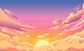 Sunset sky. Cartoon summer sunrise with pink clouds and sunshine, evening cloudy heaven panorama. Morning vector