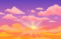 Sunset sky with clouds. Beautiful purple to yellow sky anime background with sunrays and pink fluffy clouds. Cartoon Royalty Free Stock Photo