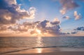 Sunset sky with colorful clouds over ocean and beach