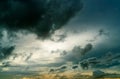 Sunset sky and gray and golden clouds. Gray sky and fluffy clouds. Thunder and storm sky. Sad and moody sky. Dead abstract