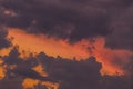 Sunset sky orange color with dark clouds background nature in the evening weather Royalty Free Stock Photo