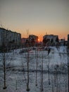 Sunset sky over the city of Noyabrsk, YaNAO, Russia. Vertical