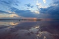 Sunset sky over dead salt lake water surface