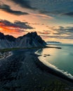 Sunset sky over Vestrahorn mountain and black sand beach in Stokksnes at Iceland Royalty Free Stock Photo
