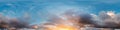 Sunset sky panorama with bright glowing pink Cumulus clouds. HDR 360 seamless spherical panorama. Full zenith or sky Royalty Free Stock Photo