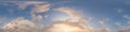 Sunset sky panorama with bright glowing pink Cumulus clouds. HDR 360 seamless spherical panorama. Full zenith or sky Royalty Free Stock Photo