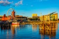 Sunset skyline of Cardiff bay and Mermaid Quay in Wales, UK