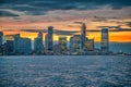 Sunset skyline of Jersey City as seen from a ferry boat tour aound New York City