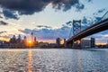 sunset skyline of philadelphia pennsylvania from camden new jersey with benjamin franklin bridge Royalty Free Stock Photo