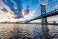 sunset skyline of philadelphia pennsylvania from camden new jersey with benjamin franklin bridge Royalty Free Stock Photo