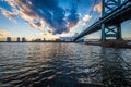 sunset skyline of philadelphia pennsylvania from camden new jersey with benjamin franklin bridge Royalty Free Stock Photo