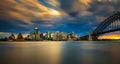 Sunset skyline of Sydney downtown with Harbour Bridge Royalty Free Stock Photo