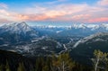 Sunset skyline of town of Banff and Bow valley, view from Gondola Sulphur Mountain at Banff National Park in Alberta, Canada