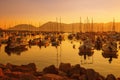 Sunset in small town Lerici, Italy, Liguria. Poet`s bay at sunset. Seascape with many small boat and yacht in sea Royalty Free Stock Photo