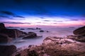 Sunset and smooth water on the pink granit coast in Brittany Royalty Free Stock Photo