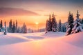 sunset with snow trees