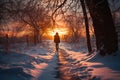 Sunset snow walk Person on snowy road, bathed in twilight