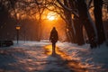 Sunset snow walk Person on snowy road, bathed in twilight