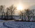 Sunset at a snowy field with a road and some trees in the european alps on a cold day in winter Royalty Free Stock Photo