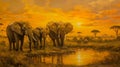 Sunset Soiree: African Elephant Watering Hole./n