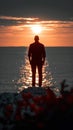 Sunset solitude Mans silhouette on Gulf of Finland horizon