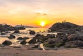 During the sunset, some people come to rest. Some come fishing on the rocks