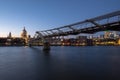 Sunset from southbank in London with St Pauls Cathedral and Millennium Bridge Royalty Free Stock Photo