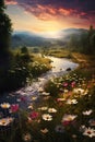 Sunset Splendor: A Floral Wonderland in the Valley Below