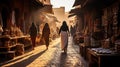 Sunset Splendor. A Journey Through the Vibrant Moroccan Souks. Generative AI