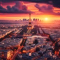 Sunset Splendor Paints the Skyline, Eiffel Tower Aflame in Parisian Panorama. Generative ai for illustrations