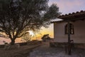 Sunset at St. Nicholas church on the mountain near Pylos in Messinia, Greece Royalty Free Stock Photo