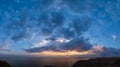 Sunset Stanislav clay mountains and canyons above Dnipro river bay, Ukraine