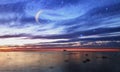 Sunset starry sky moon stars sunset summer starry  sky  night seascape city panorama night light reflexion on water harbor moon o Royalty Free Stock Photo