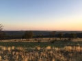 Sunset in the steppe, chain of trees, clear sky, plain landscape. T