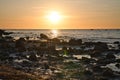 Sunset, stone beach with small and large rocks in front of the illuminated sea Royalty Free Stock Photo