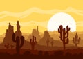 Sunset in stone desert with cactuses and mountains. Royalty Free Stock Photo