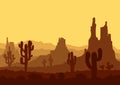 Sunset in stone desert with cactuses and mountains. Royalty Free Stock Photo