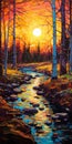 Sunset Stream In Birch Forest Mosaic Painting