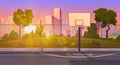 Sunset street basketball court cartoon background Royalty Free Stock Photo