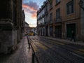 Sunset in the streets of Lisbon. Tram. Portugal.