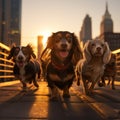 Sunset stroll a group of dachshund dogs in New York City