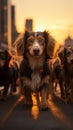 Sunset stroll a group of dachshund dogs in New York City Royalty Free Stock Photo