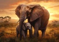 Sunset Stroll: A Heartwarming Scene of Elephant Family Bonding i Royalty Free Stock Photo