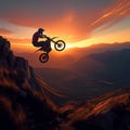 Sunset stunt motorbike rider jumps across mountain slope, silhouette against dusk