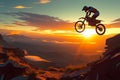 Sunset stunt motorbike rider jumps across mountain slope, silhouette against dusk