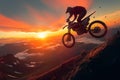 Sunset stunt motorbike rider jumps across mountain slope, silhouette against dusk