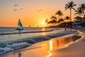 Sunset During Summer, Golden Hour Lighting, the Beach and Ocean Waves Gently Caressing the Shore, Children Playing