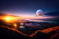 sunset sun down and moon rise at starry night sky and moon on sea seascape ,landscape Royalty Free Stock Photo