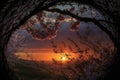 sunset, with the sun peeking through blossoming trees Royalty Free Stock Photo